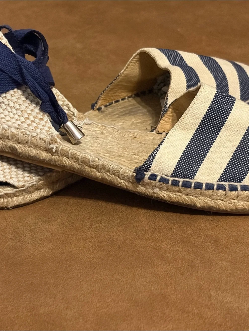 Romena Navy & White Striped Espadrille Lace-Up Flats Sz EU 39 runs small US8